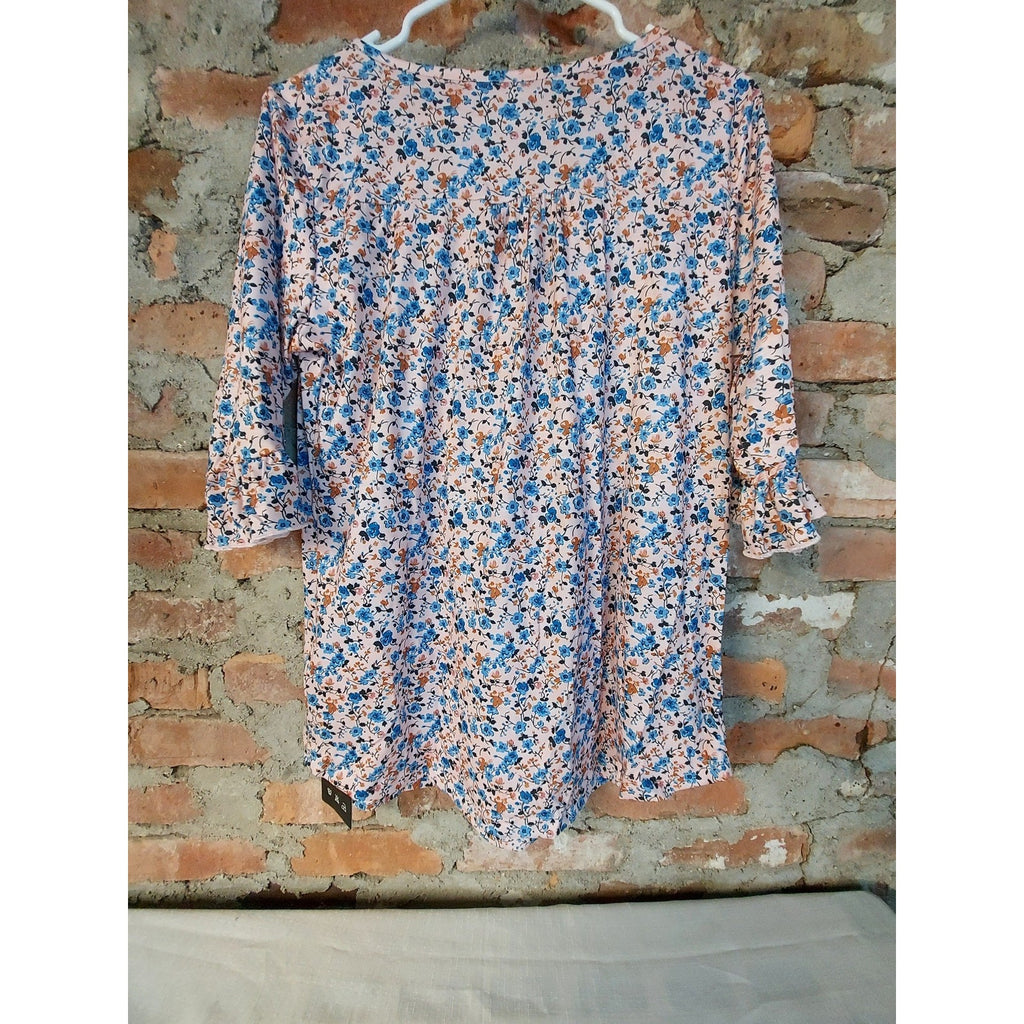 Womens Sz L Tunic Blouse Pink Blue Floral 3/4 Sleeve Pleated Ruffle Scoop Neck