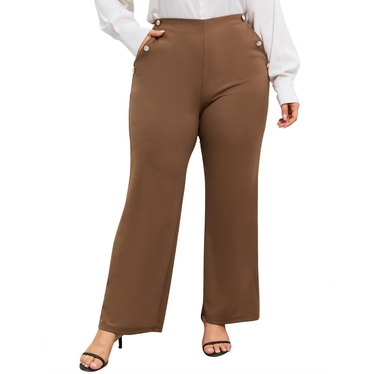 Yesfashion Womens Plus Wide Leg Pants XL Brown Coffee High Waist Button Detail