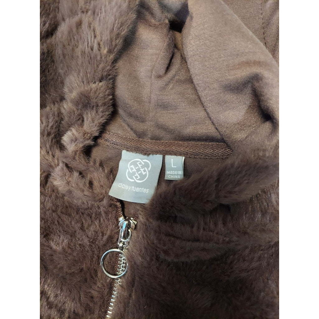 Daisy Fuentes Womens Hoodie Faux Fur Quarter Zip L Brown Pullover Sherpa Quilted