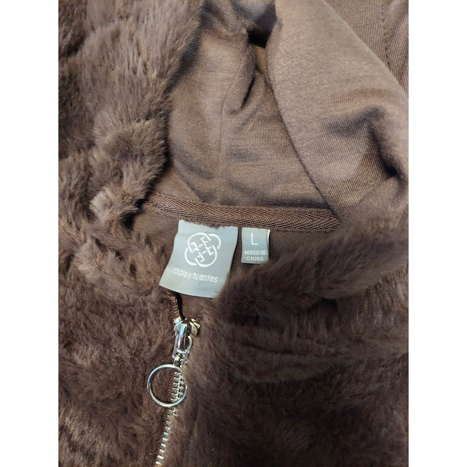 Daisy Fuentes Womens Hoodie Faux Fur Quarter Zip L Brown Pullover Sherpa Quilted