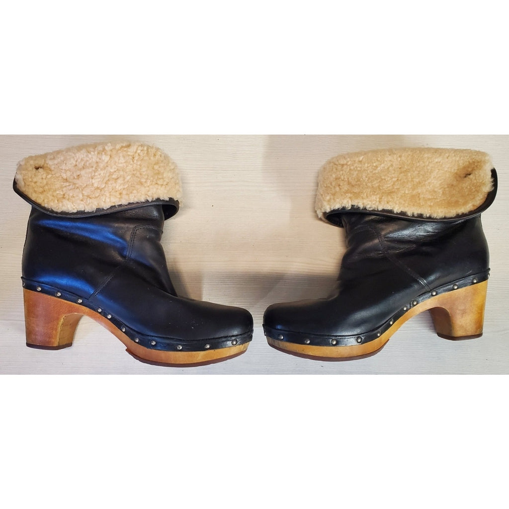 UGG Womens Clog Boots S/N 1958 US 9 Black Studded Wooden Heel Shearling Cuff
