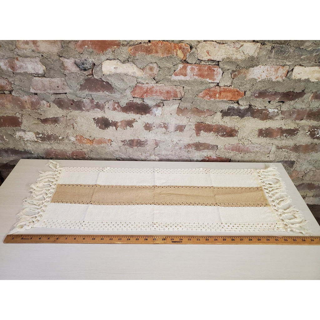 Woven Boho Table Runner Cream Brown Tan Fringe Farmhouse Decor Mat