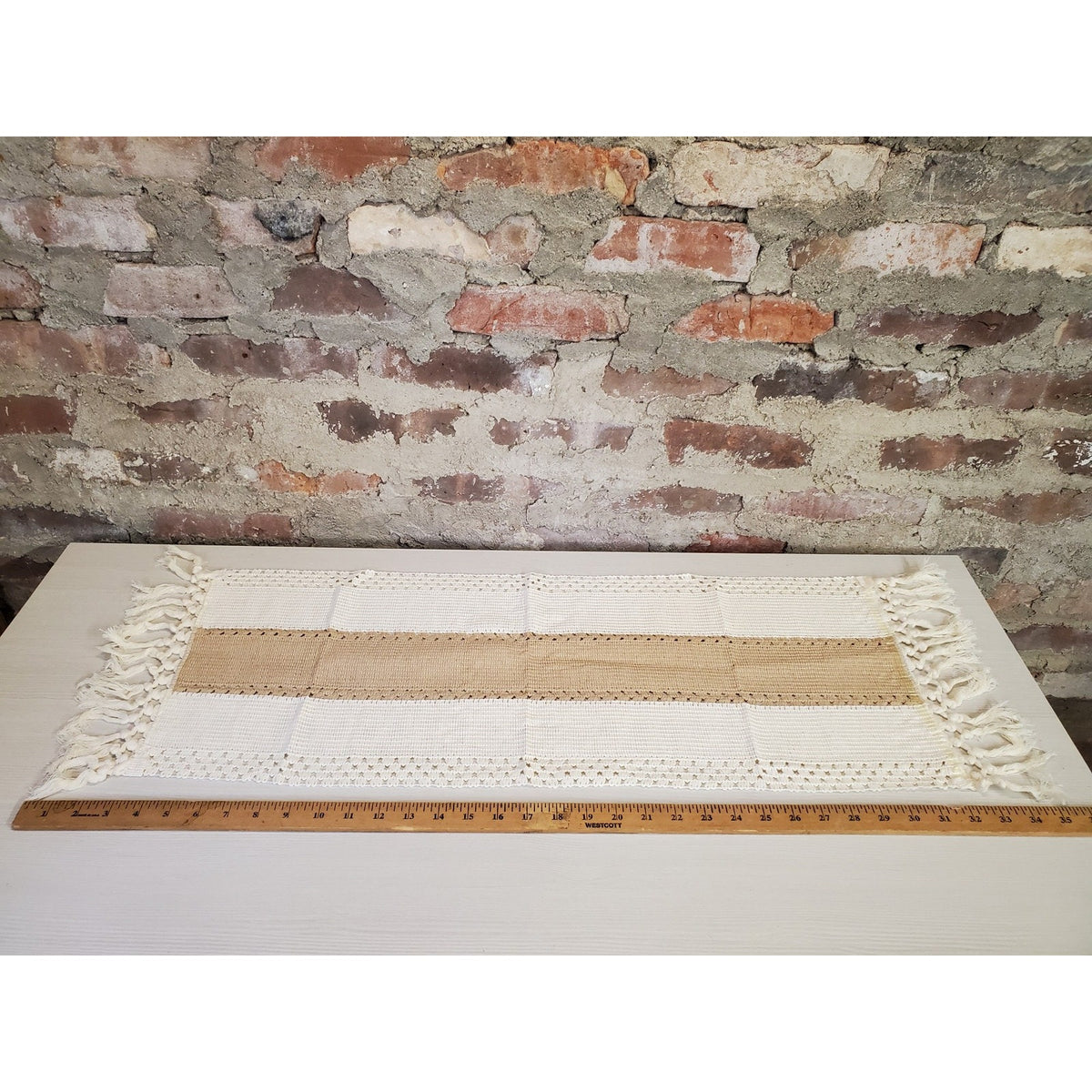 Woven Boho Table Runner Cream Brown Tan Fringe Farmhouse Decor Mat