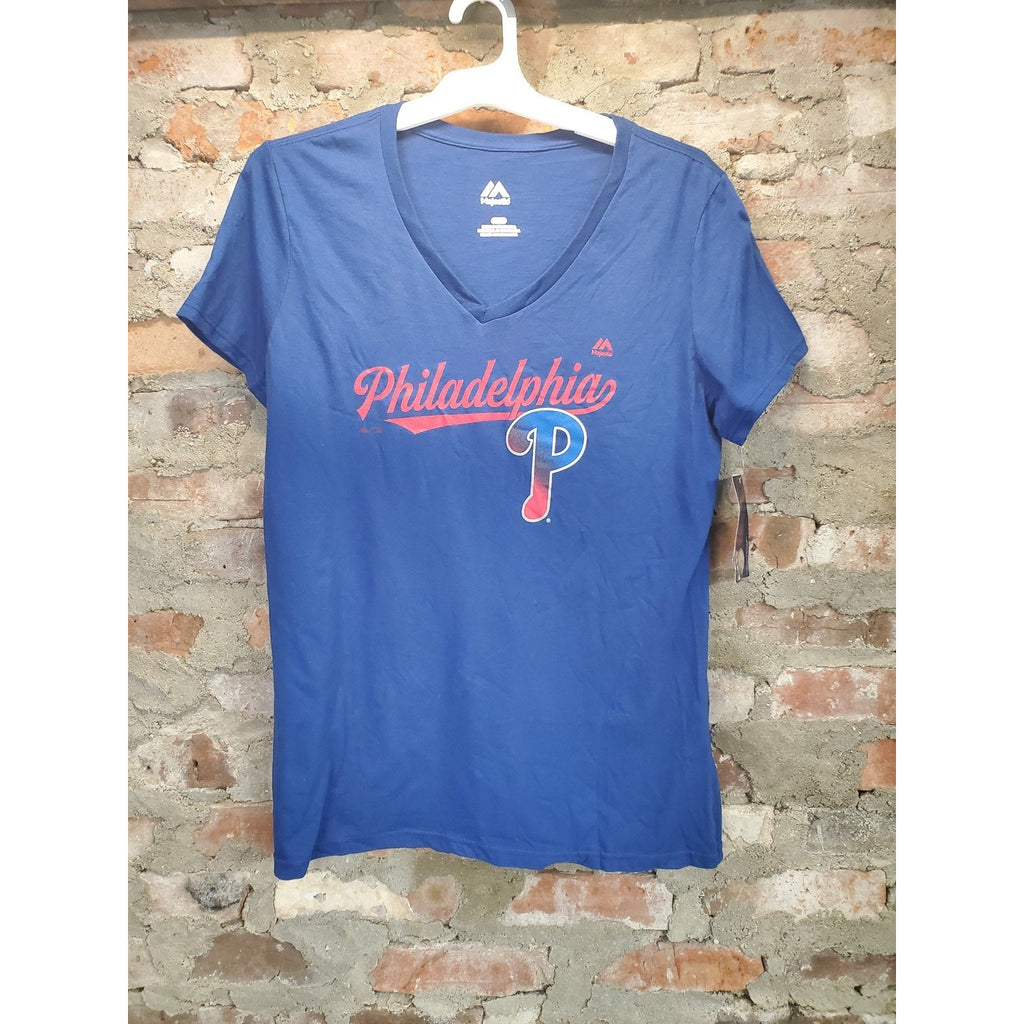Majestic Womens Philadelphia Phillies T Shirt L Blue V Neck Graphic NWT MLB