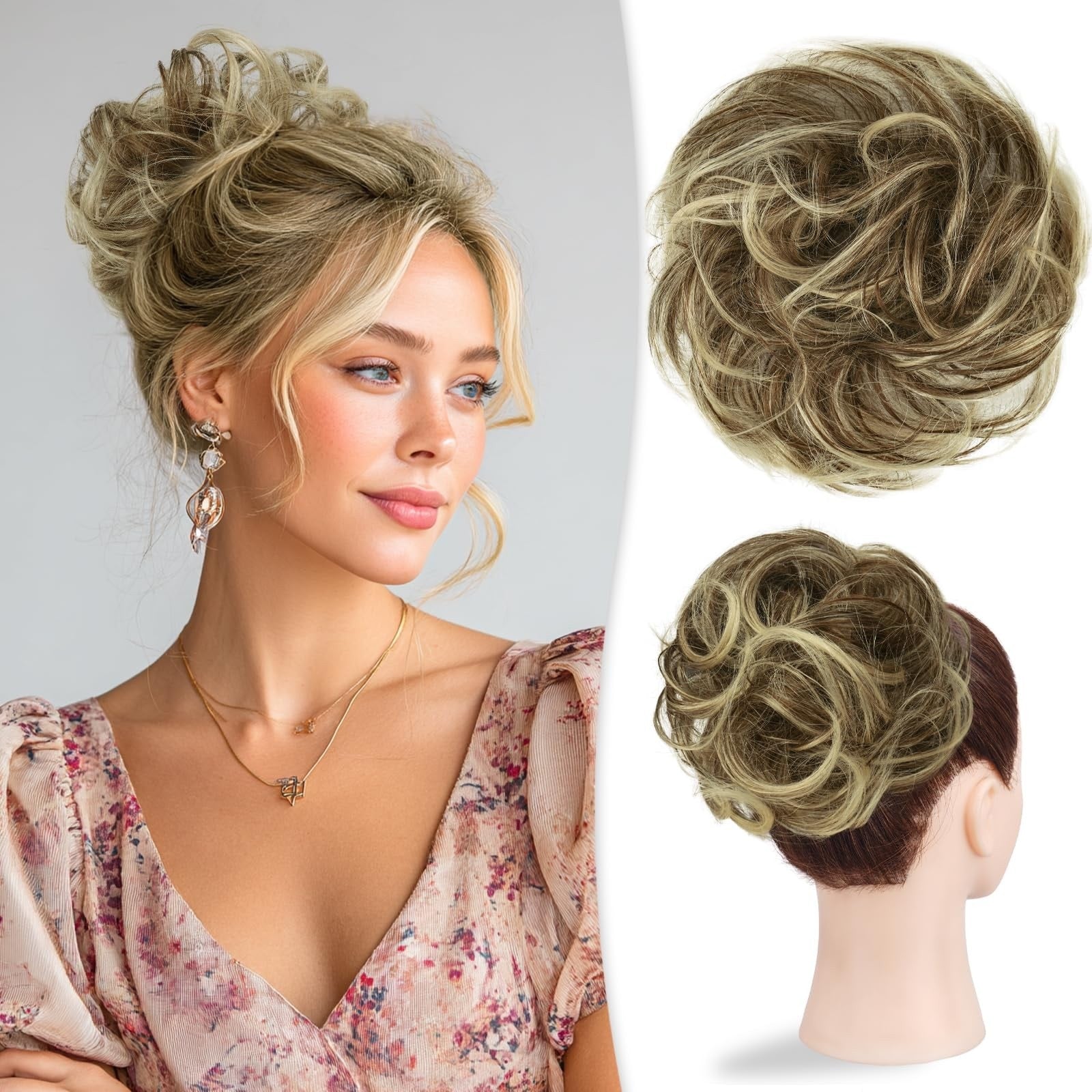 Womens Messy Hair Bun Extension Wavy Curly Updo Ponytail Blonde Brown Mix