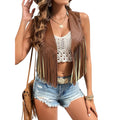 Womens Brown Faux Leather Fringe Vest L Western Boho Festival Sleeveless