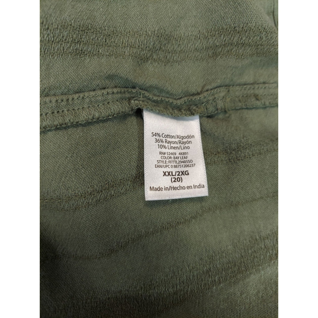 Time & Tru Womens Top XXL 20 Olive Green Short Sleeve Tie Front Striped Linen