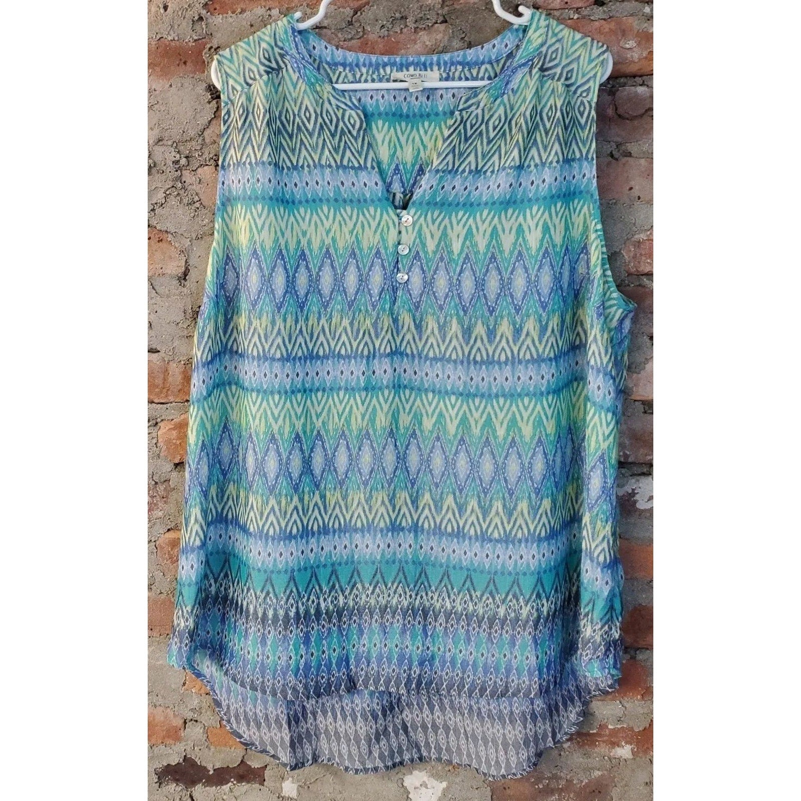 Como Blu Womens Plus Size 1X Sleeveless Tunic Top Geometric Print Blouse Blue