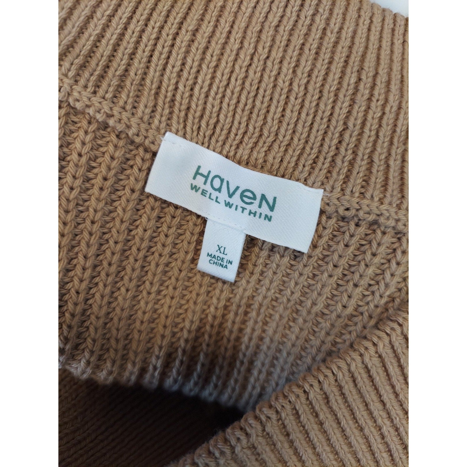 Haven Well Within Womens Short Sleeve V Neck Sweater XL Tan Ribbed Knit Pullover