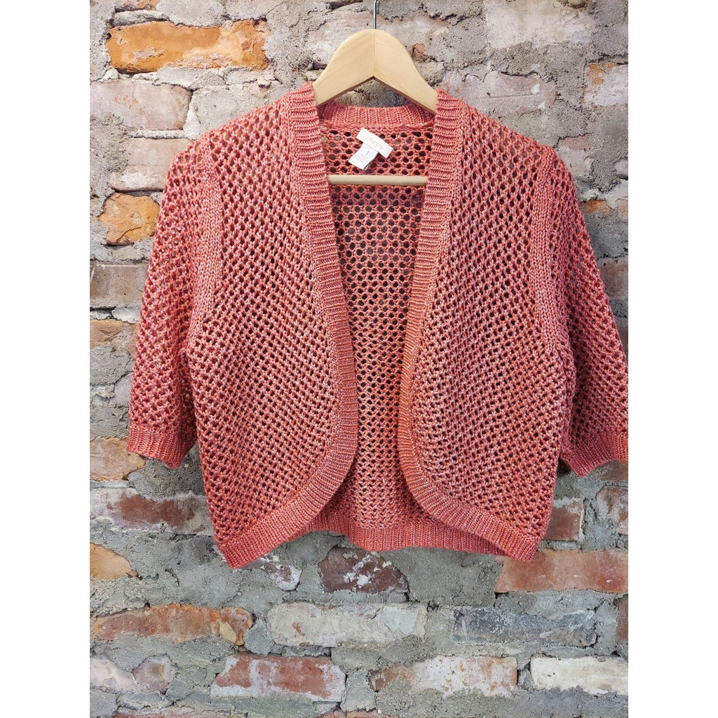 Chico's Womens Size 1 Coral Orange Open Knit Cropped Cardigan Shrug 3/4 Sleeve