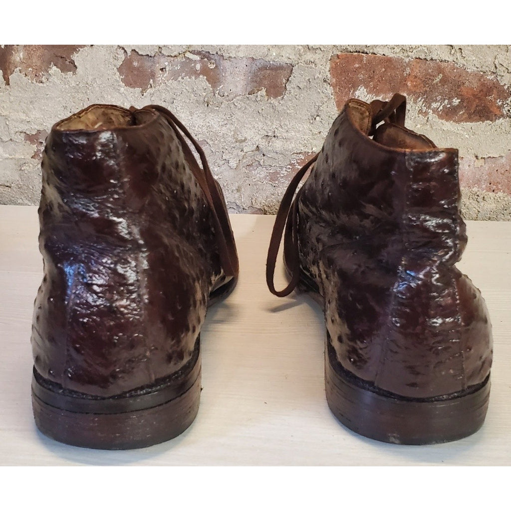 Mens Ostrich Leather Lace Up Ankle Boots 12M Square Toe Brown Dress