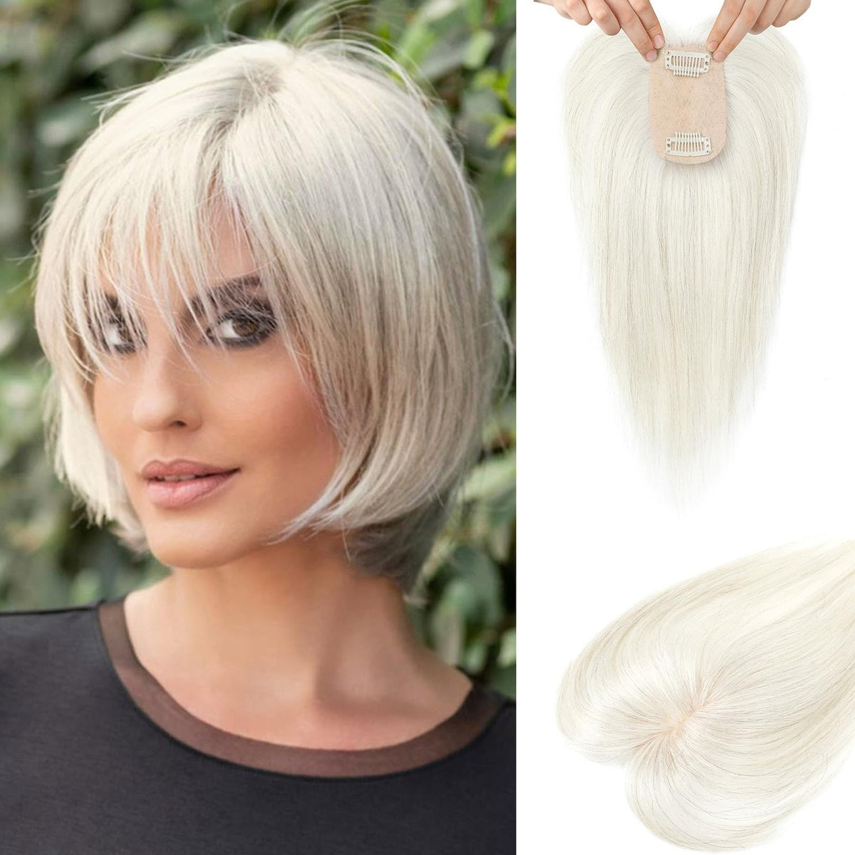 FlufyMooz Womens Hair Topper 10" Top Piece Silver White Gray Clip In Hairpiece