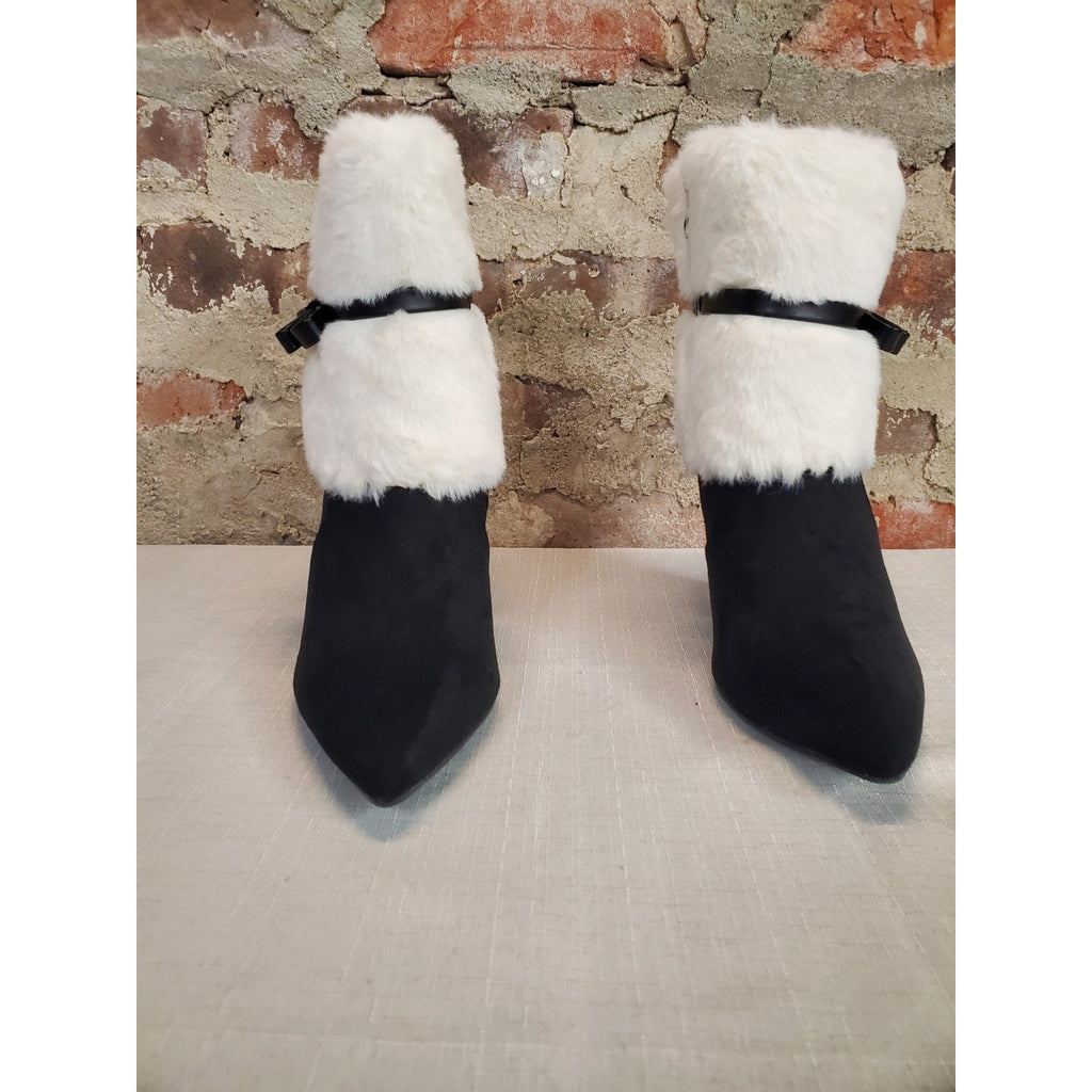 NEWBELLA Womens Ankle Boots Size 6 Black White Faux Fur Wedge Pointed Toe
