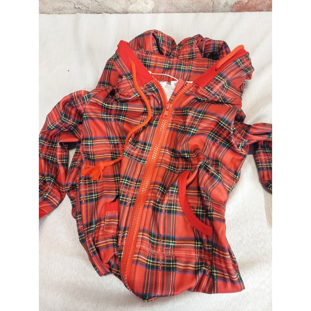 VESEA CKY Girls Hooded Romper Pajamas Size 7/8 Red Plaid Cotton Blend Full Zip
