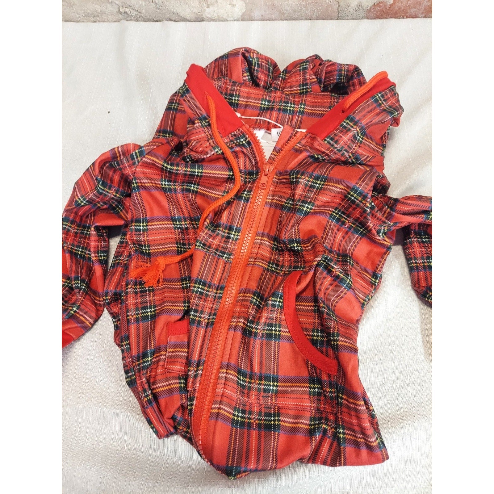 VESEA CKY Girls Hooded Romper Pajamas Size 7/8 Red Plaid Cotton Blend Full Zip