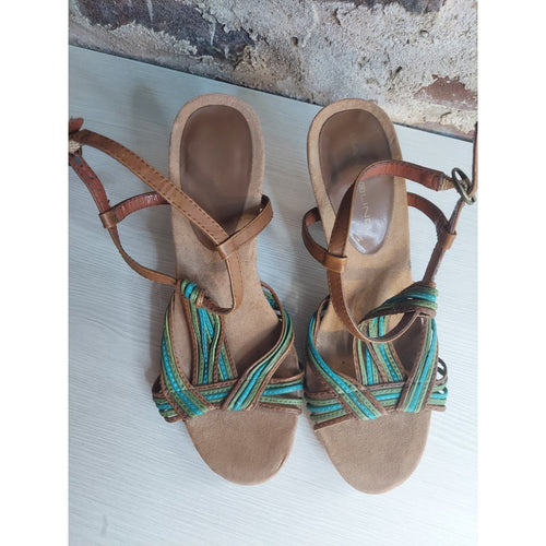 Bandolino Womens Strappy High Heel Sandals 7M Tan Teal Green Multicolor 3 Inch