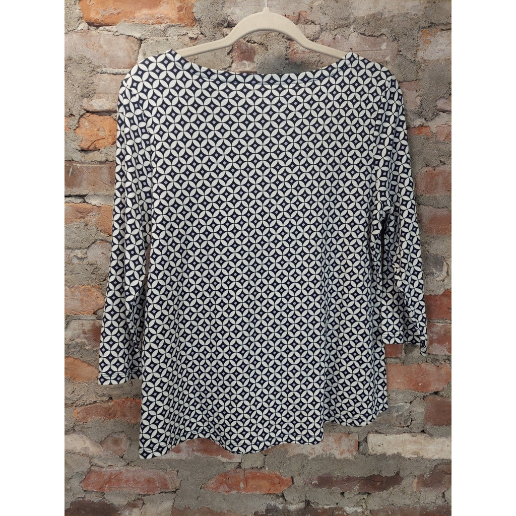 Charter Club Womens Top PXL White Blue Geometric Boat Neck 3/4 Sleeve Supima