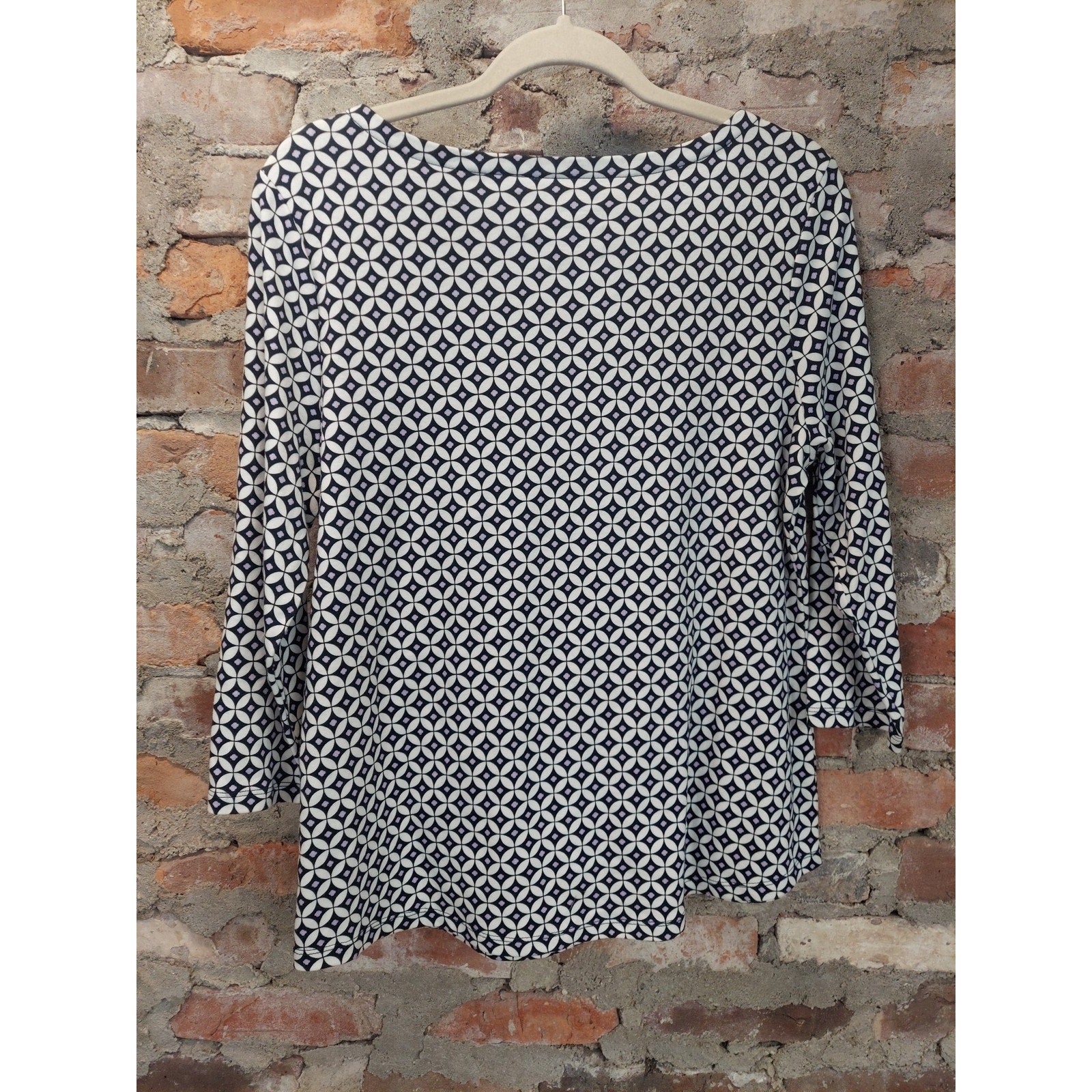 Charter Club Womens Top PXL White Blue Geometric Boat Neck 3/4 Sleeve Supima
