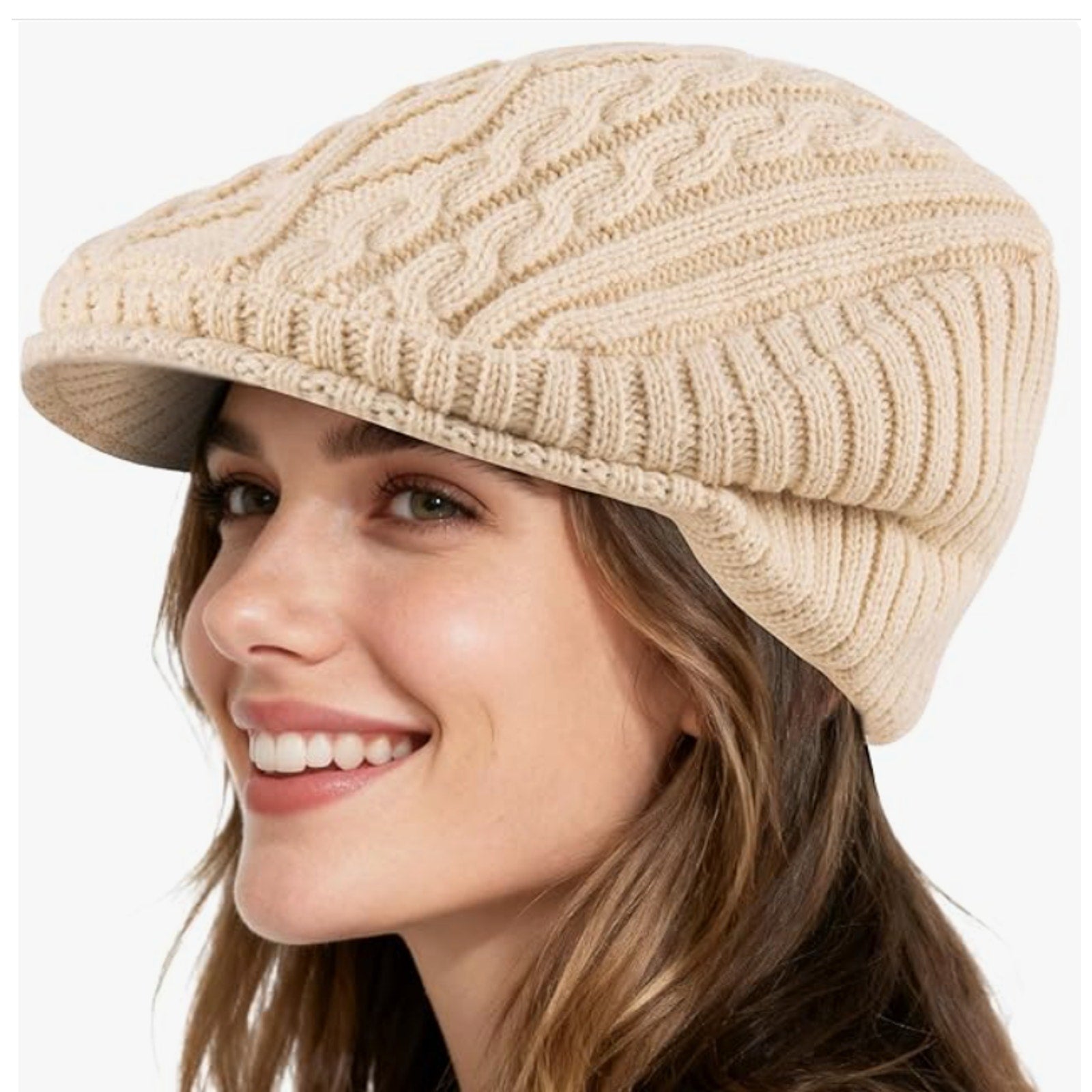 New Cream Knit Wool Snow Ski Cap w Visor Warm Fleece Lined Hat Soft Beanie