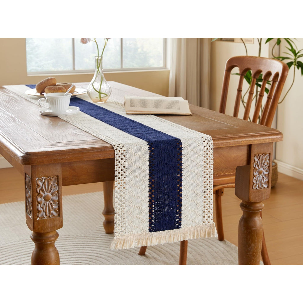 Awardsen Table Runner Crochet Knit Navy Blue White Farmhouse Boho 12x108