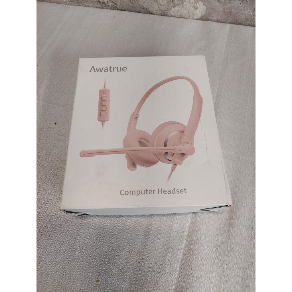 Awatrue Computer Headset Wired Microphone Pink Over Ear Volume Control PC Laptop
