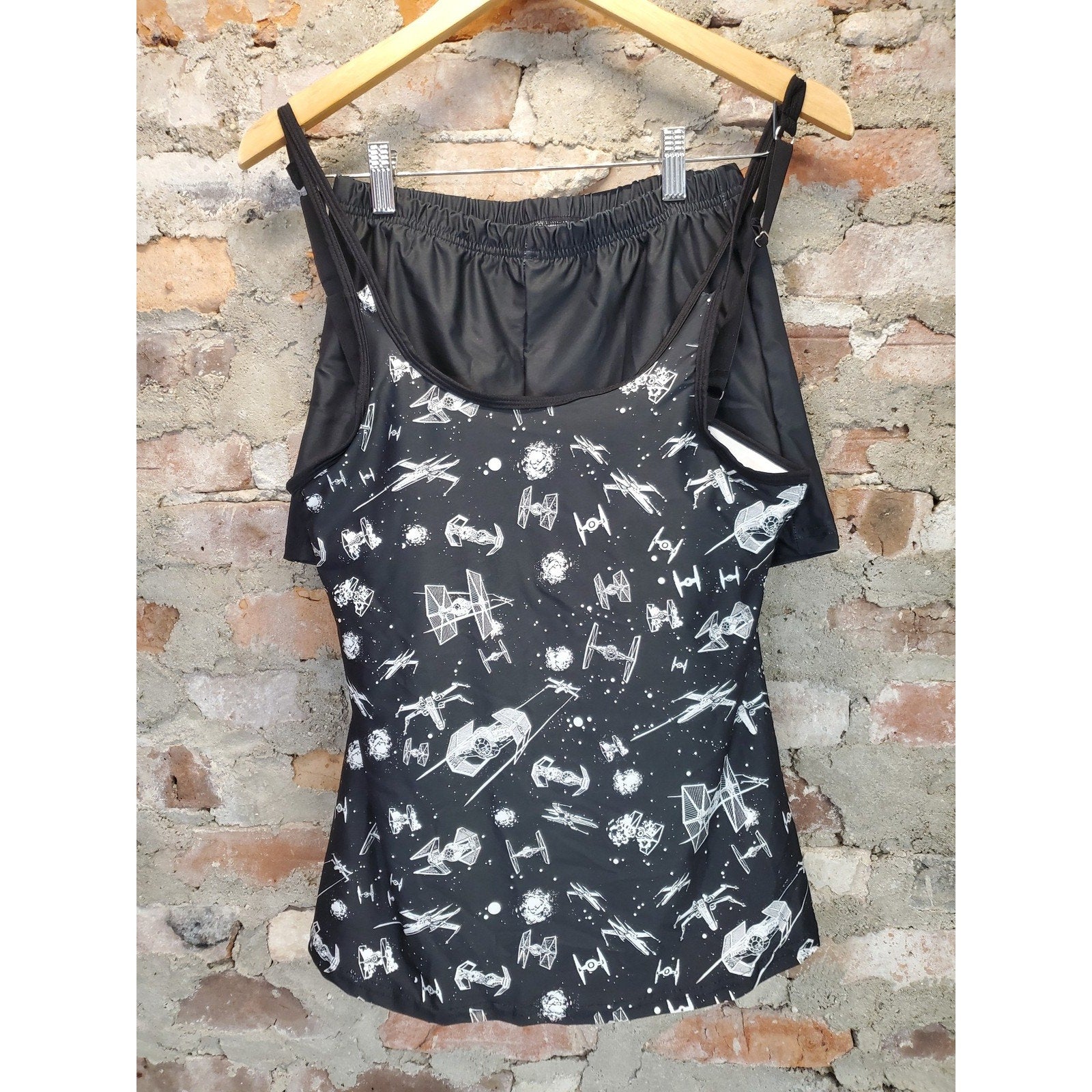 Star Wars Womens M Tankini Swimsuit Swim Shorts 2 Piece Black Galactic Ships
