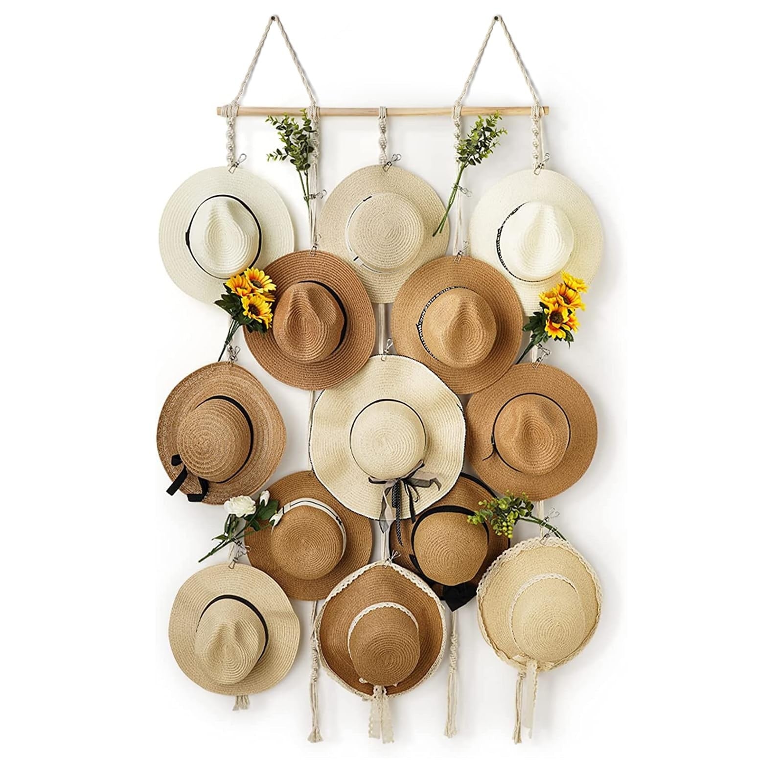 Wall Mounted Hat Rack Organizer Boho Macrame 31x66" Wooden Sun Hat Display