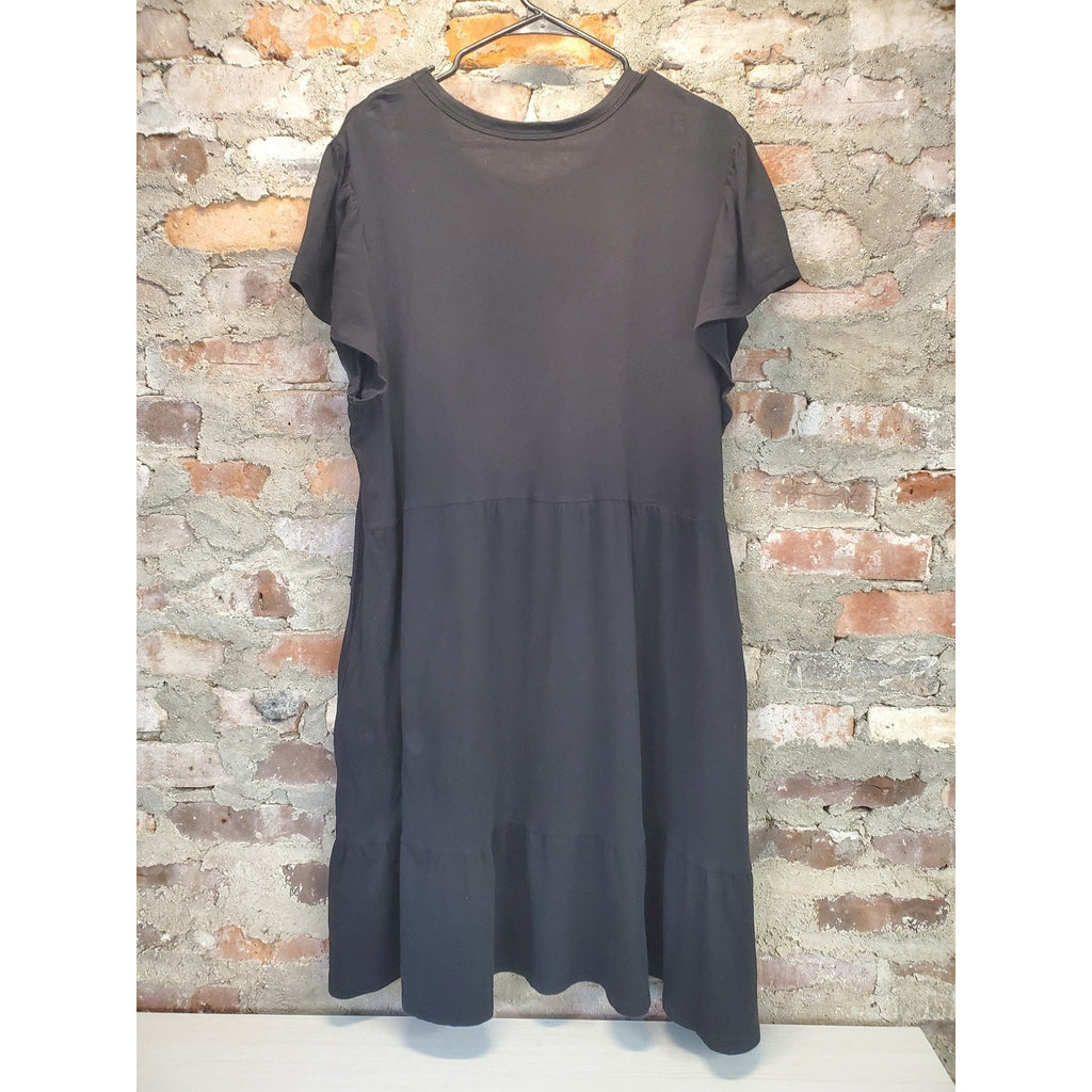 TIME & TRU Womens T Shirt Puff Sleeve Tiered Dress XXL 20 Black Pockets Casual