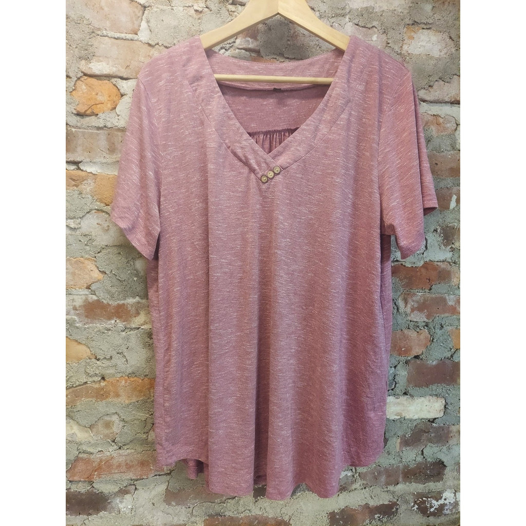 Womens Rose Pink Top 2XL Short Sleeve V Neck Button Front Gathered Detail