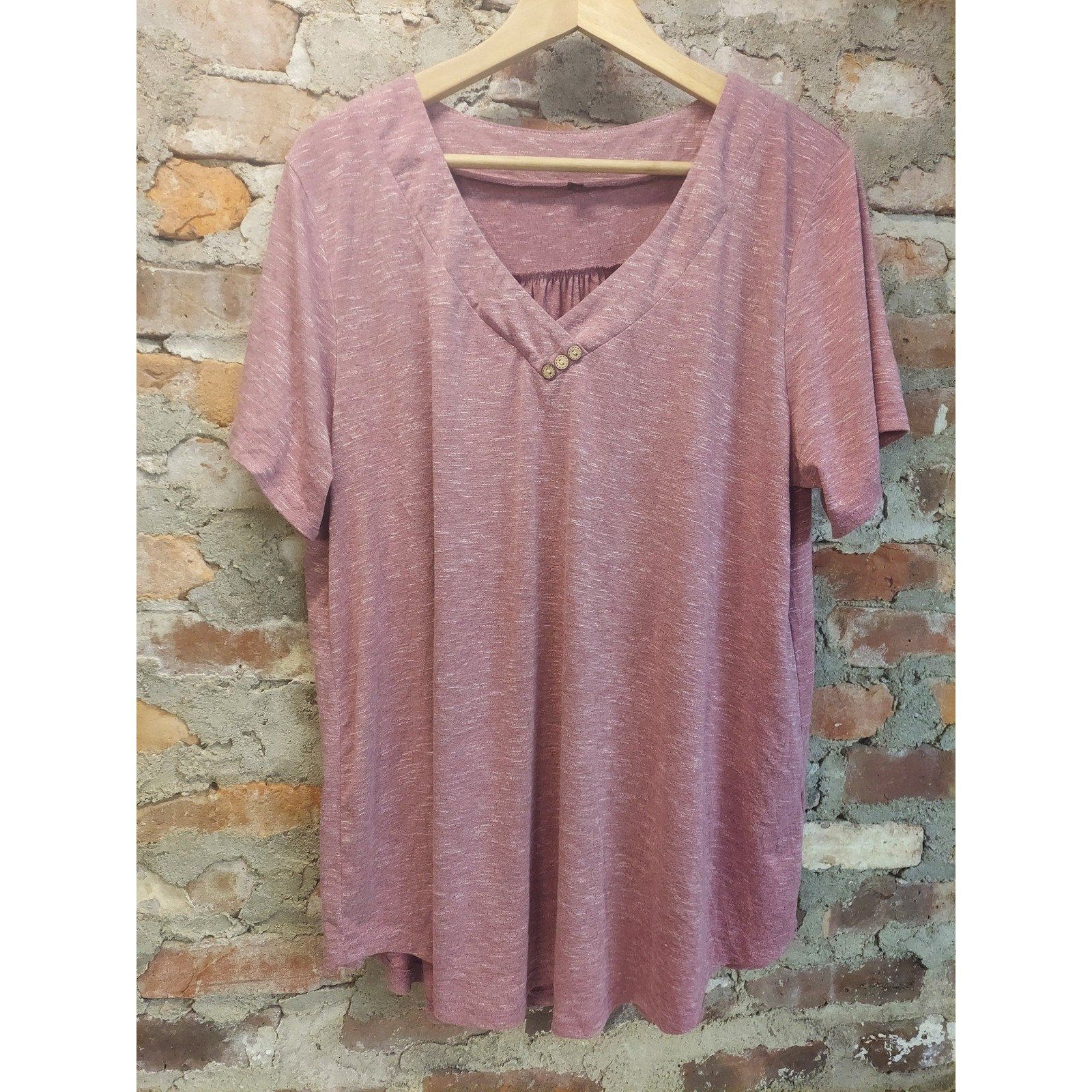 Womens Rose Pink Top 2XL Short Sleeve V Neck Button Front Gathered Detail
