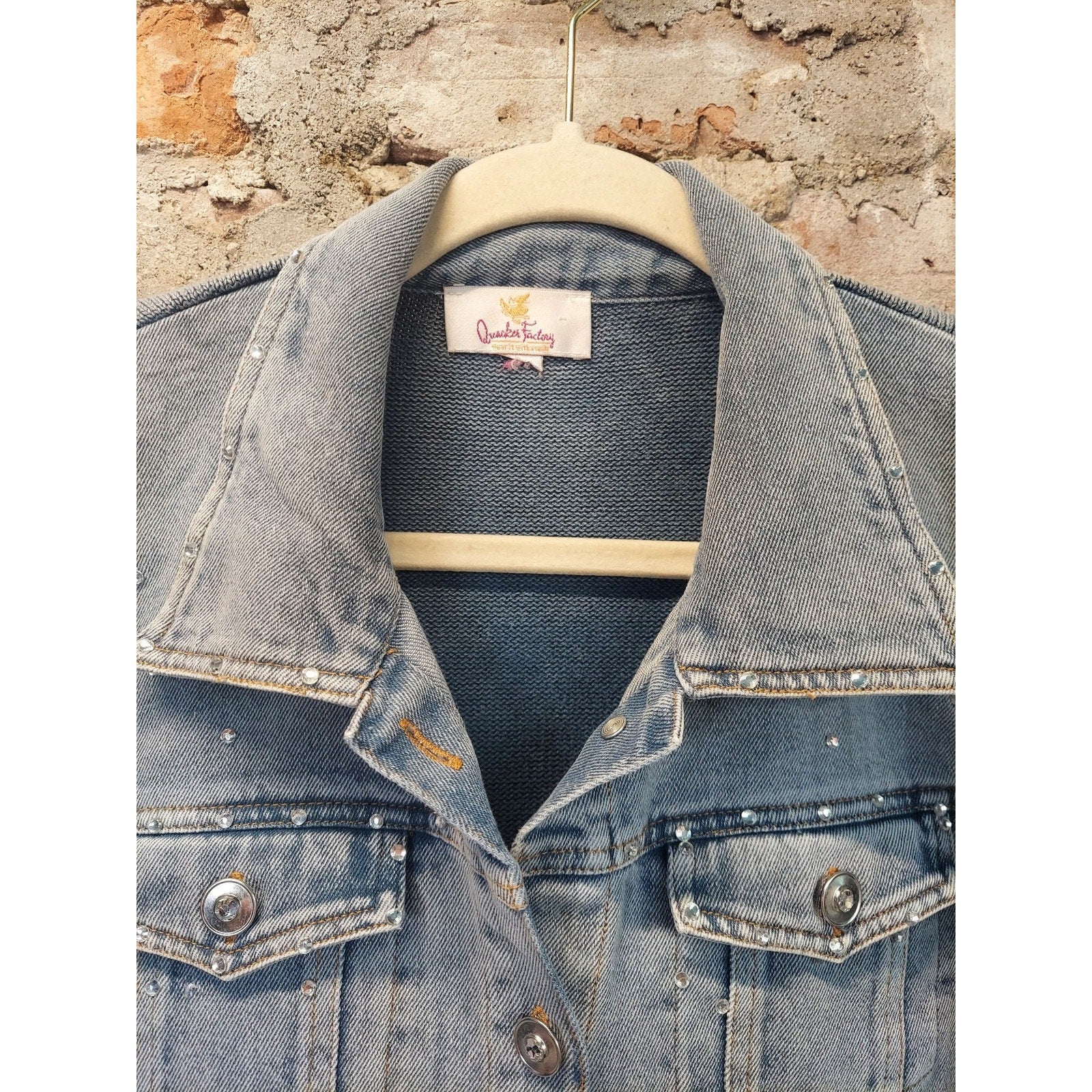 Quacker Factory Womens XL Denim Jean Jacket Light Blue Rhinestone Embellished