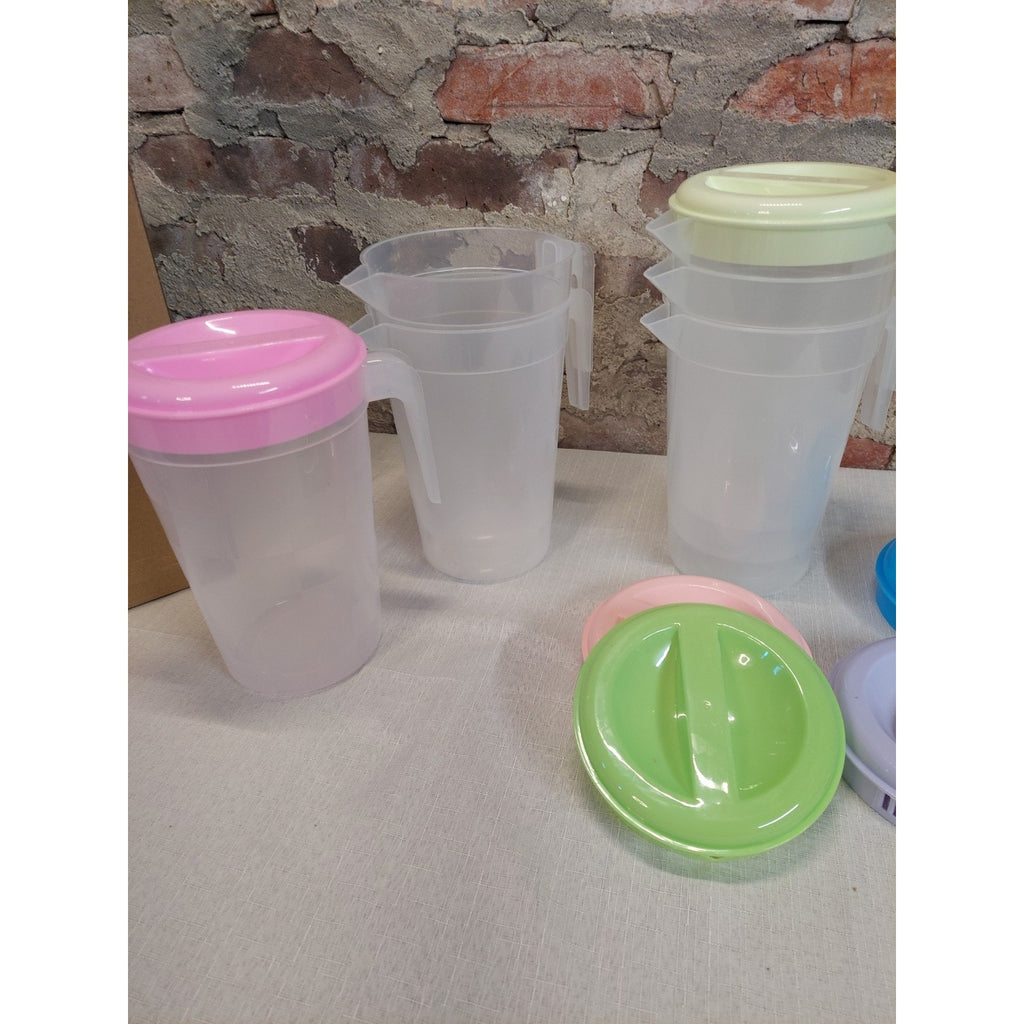 Plastic Refrigerator Pitchers Set of 5 Multicolor Lids Beverage Drink Water Jugs