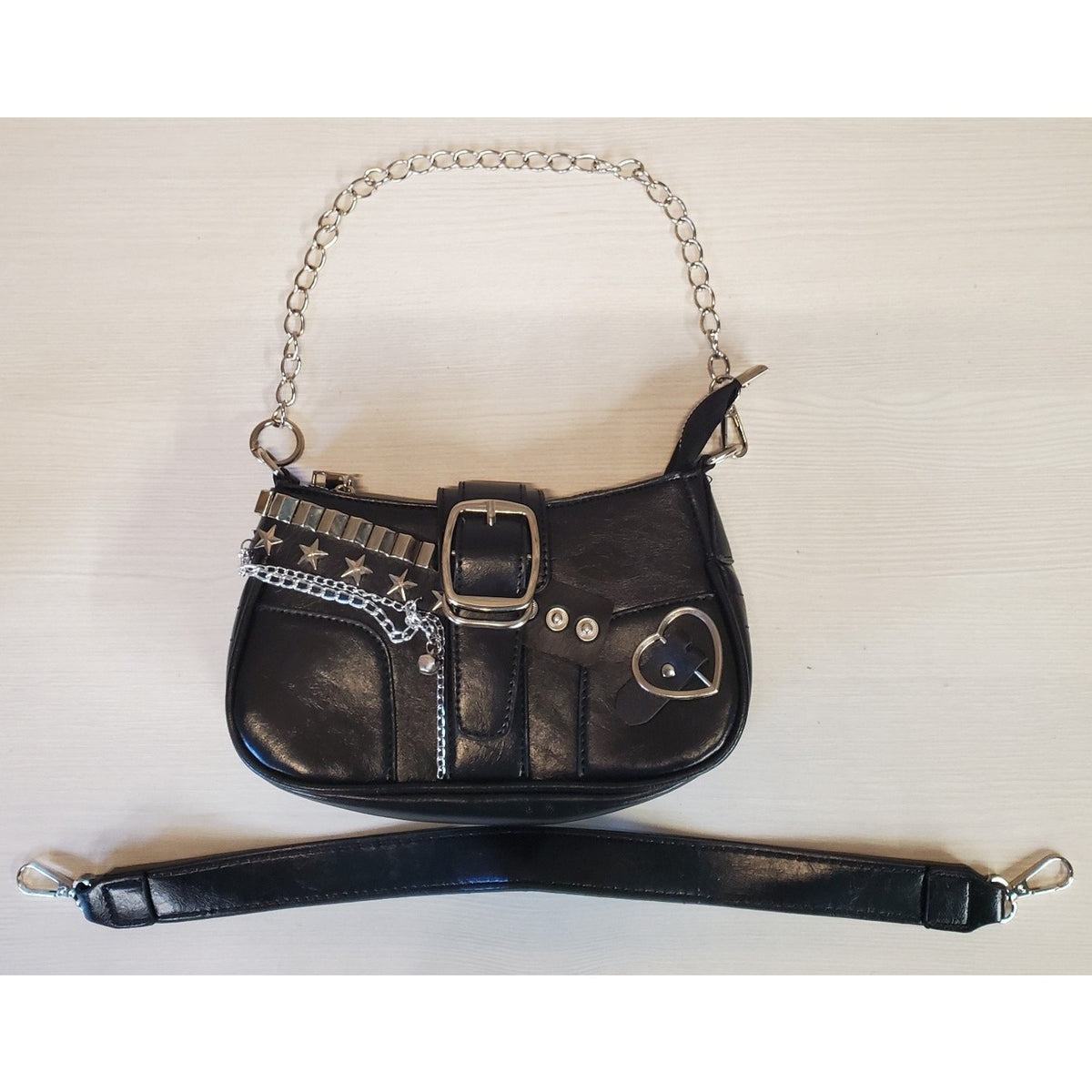 Gothic Punk Emo Y2K Studded Chain Black Mini Shoulder Bag Handbag Faux Leather