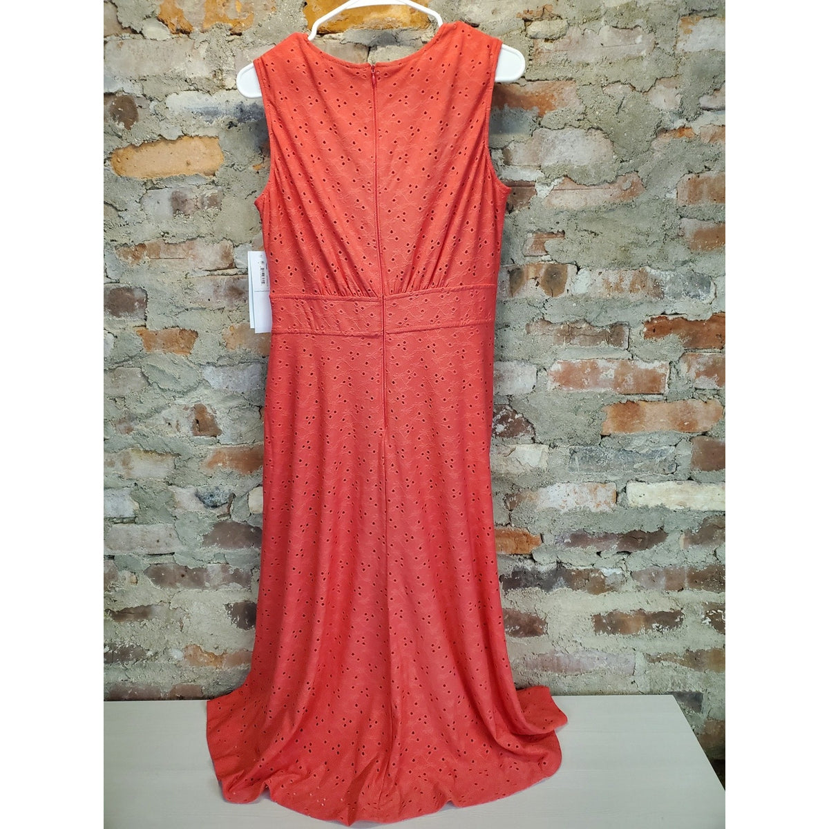 London Times Womens Eyelet Dress US 8 Coral Sleeveless Midi Round Neck Fit Flare
