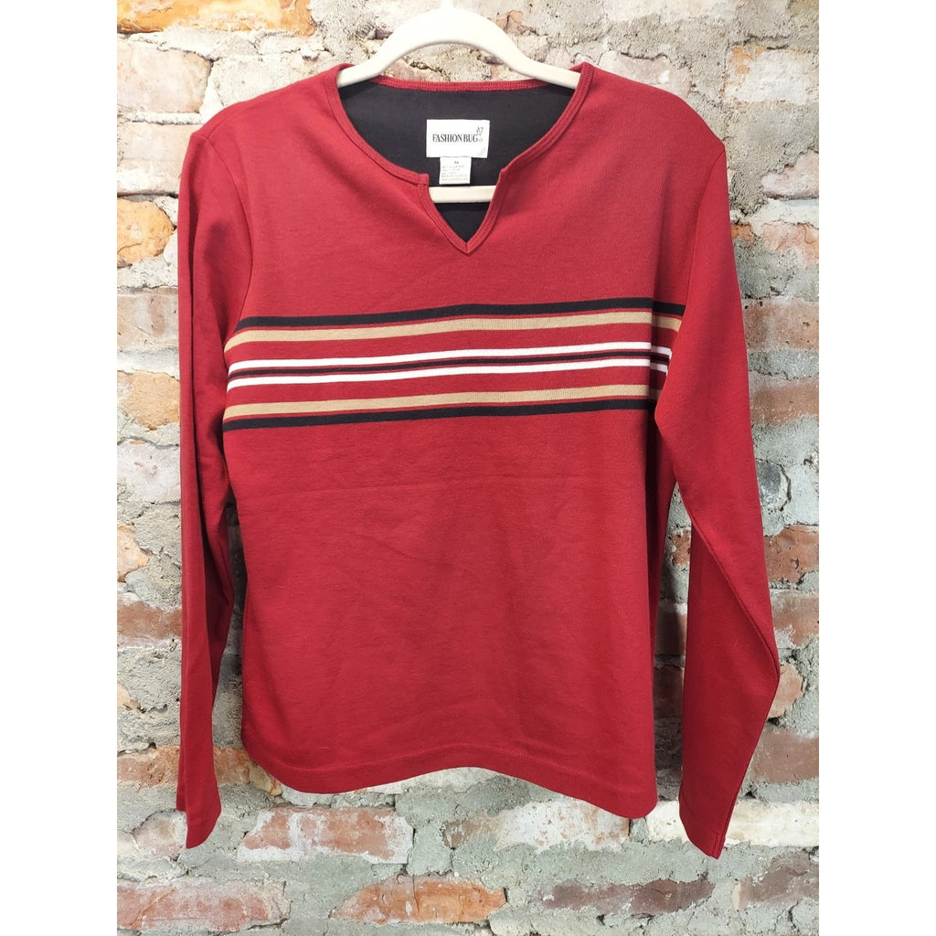 Fashion Bug Womens Long Sleeve Shirt M Red Stripe V Neck Cotton Polyester