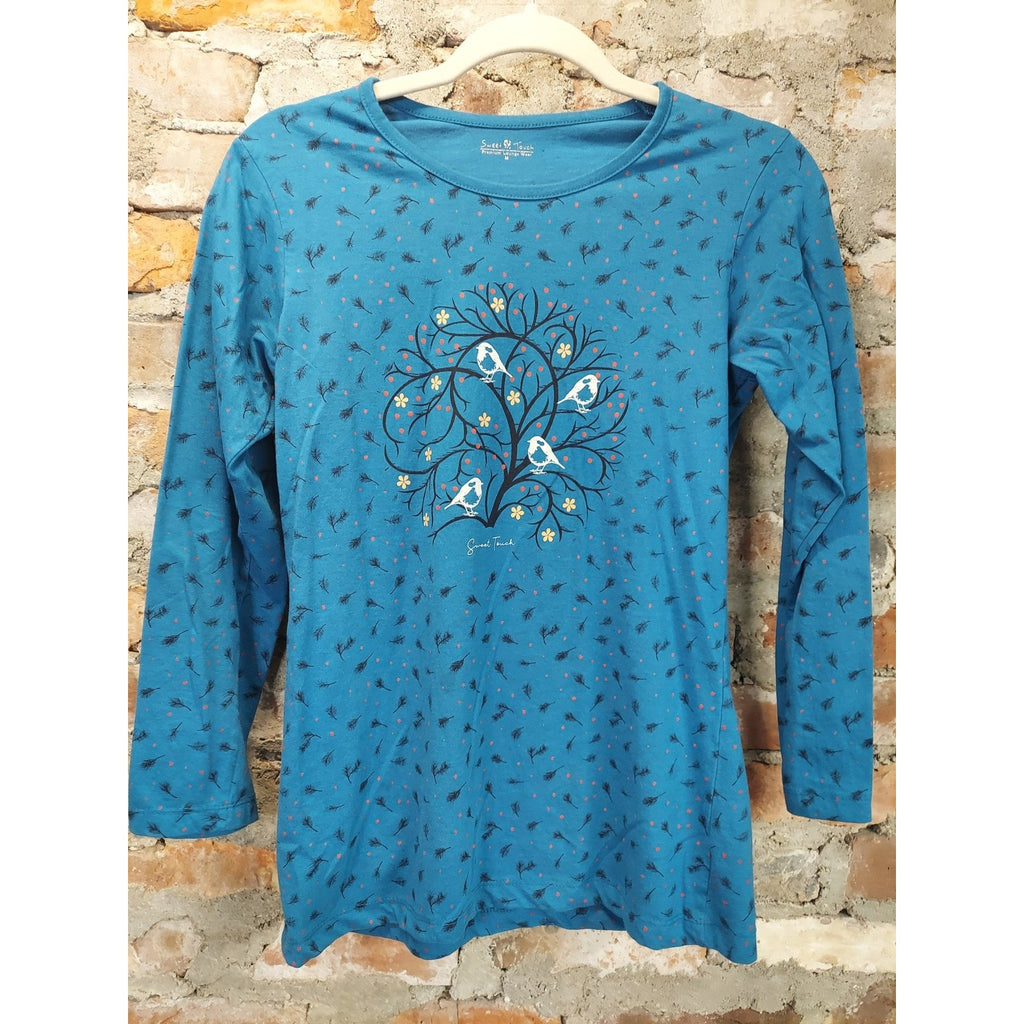 Sweet Touch Womens Long Sleeve Top M Teal Blue Bird Floral Print Lounge Wear