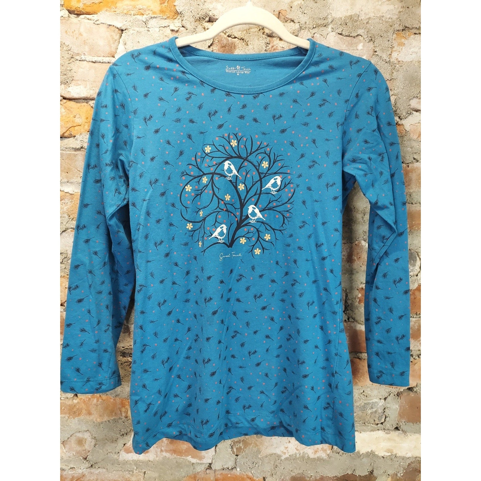 Sweet Touch Womens Long Sleeve Top M Teal Blue Bird Floral Print Lounge Wear