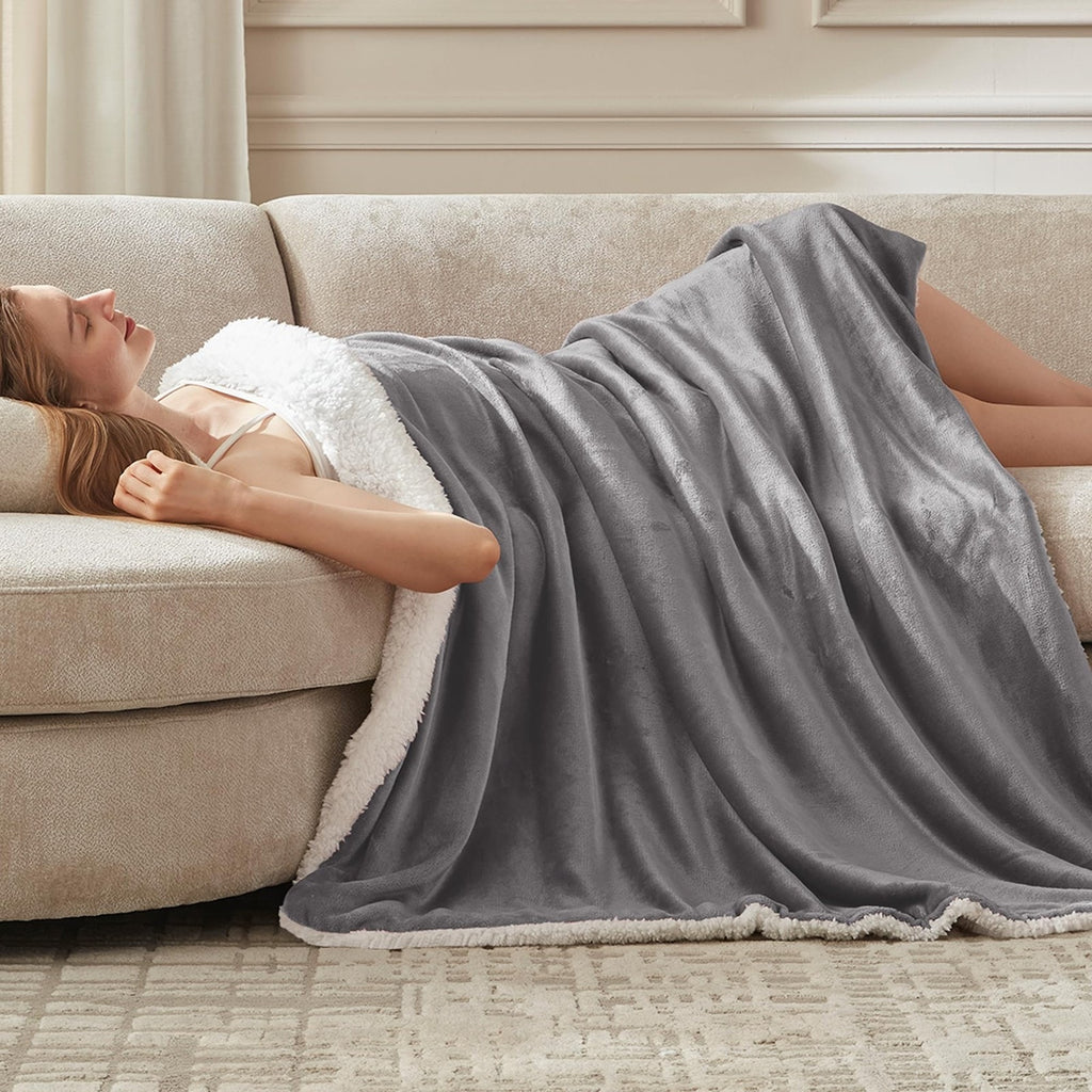 Heated Throw Digital Controller Blanket 50x60 Inches Gray Fleece Sherpa