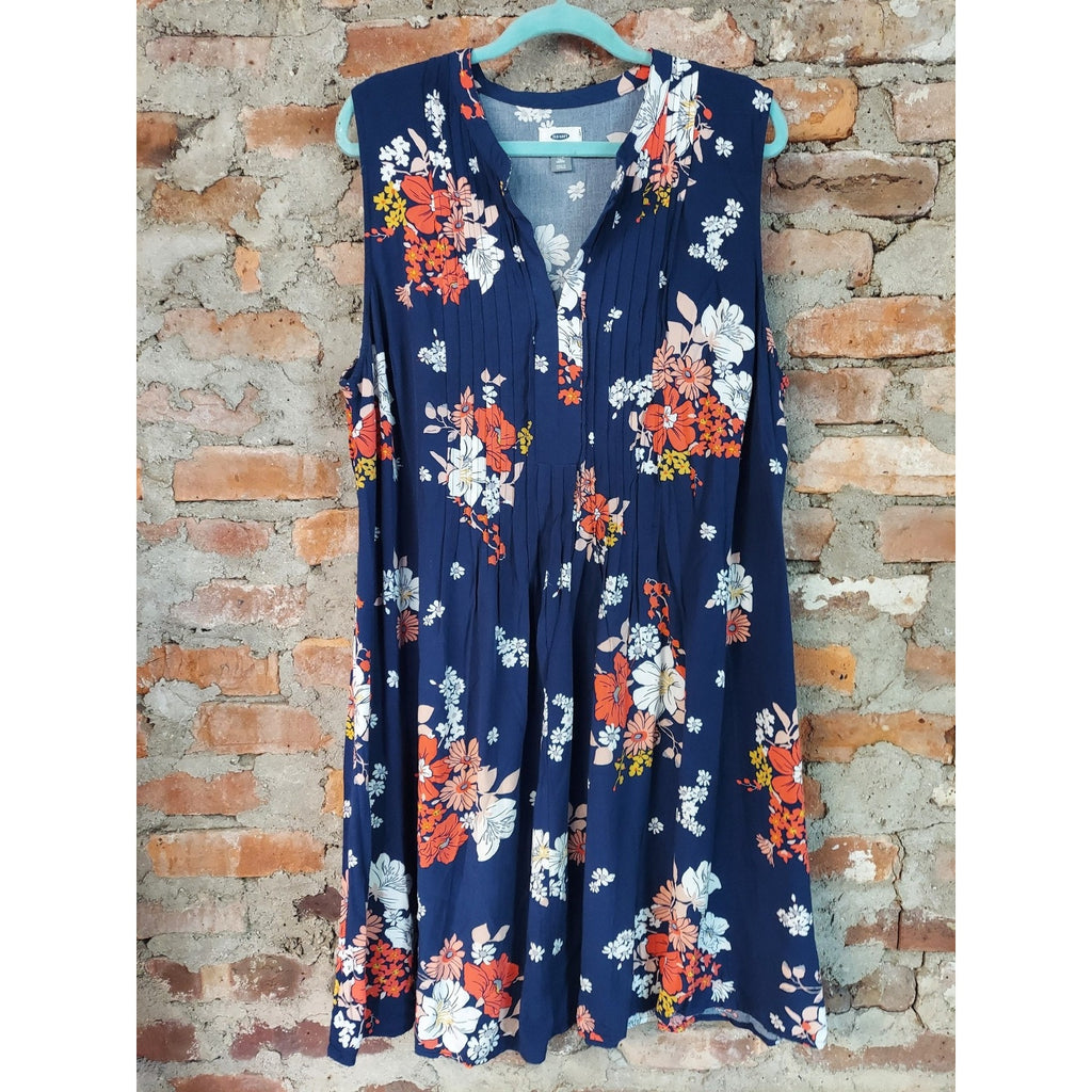 Old Navy Womens Dress XXL Navy Blue Floral Multicolor Sleeveless V Neck Pleated