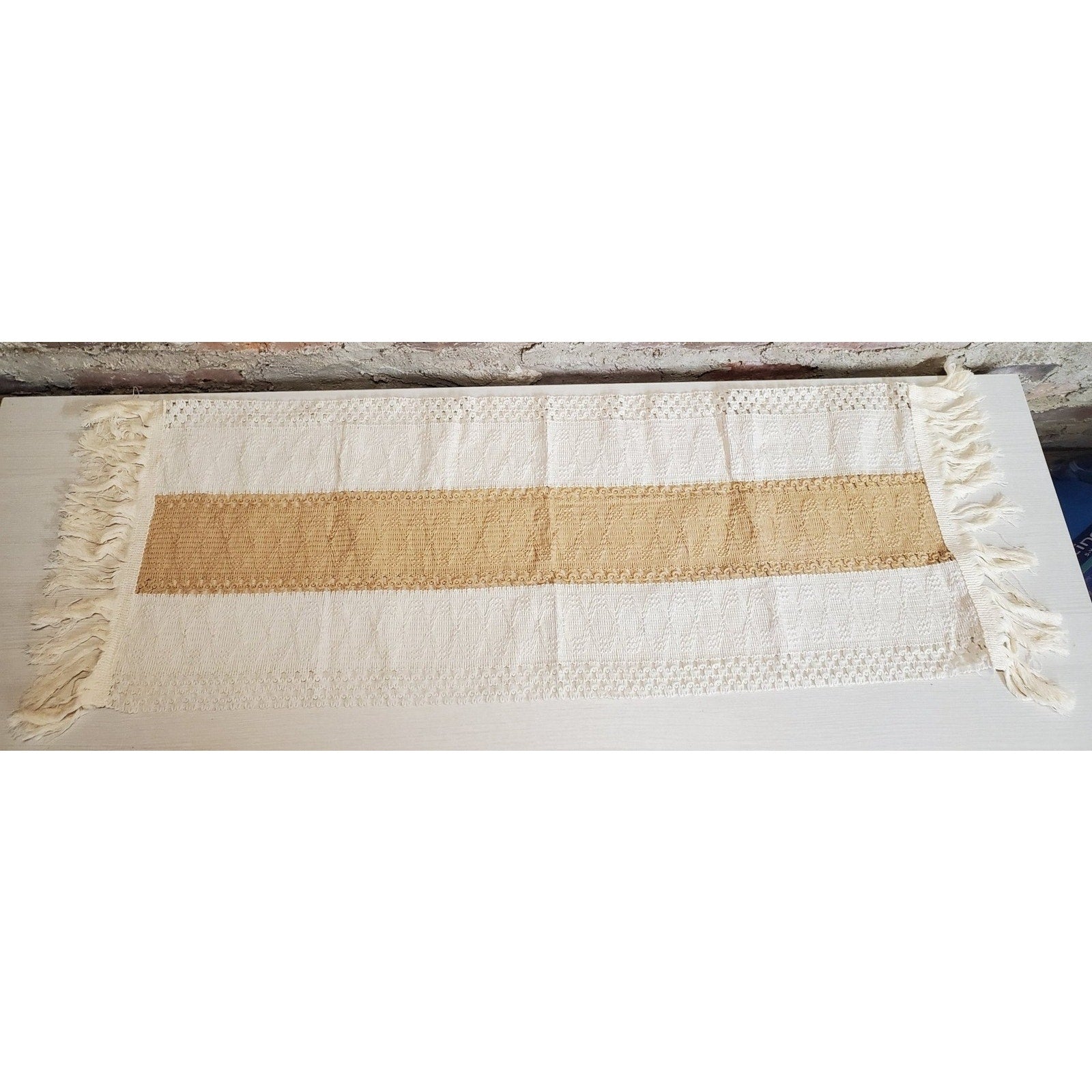 Table Runner Woven Fringe Crochet Lace Cream Tan Farmhouse Boho Decor 28x12