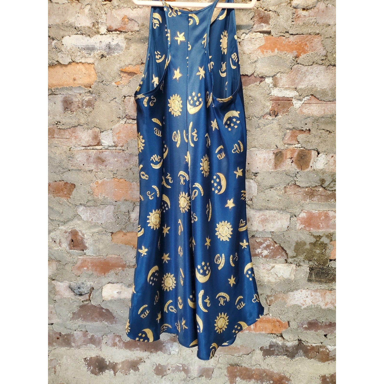 Womens Sz S Celestial Sun Moon Star Slip Dress Nightgown Navy Blue Gold Print