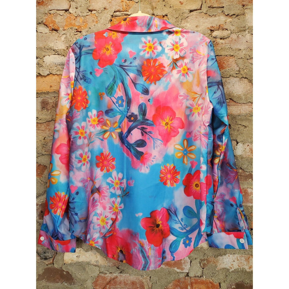 Womens Long Sleeve Button Up Shirt L Multicolor Floral Print Vibrant