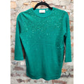 Quaker Factory Womens Shirt XS Green Sequin Sparkle Ribbed Knit 3/4 Sleeve