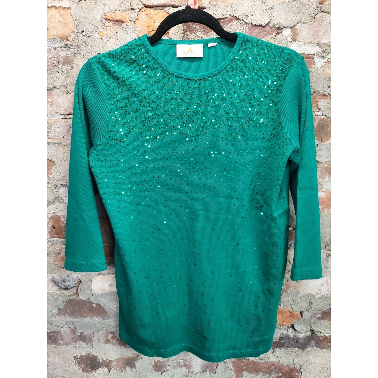 Quaker Factory Womens Shirt XS Green Sequin Sparkle Ribbed Knit 3/4 Sleeve