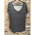 POOF NEW YORK Womens T Shirt 2X Black White Striped V Neck Short Sleeve