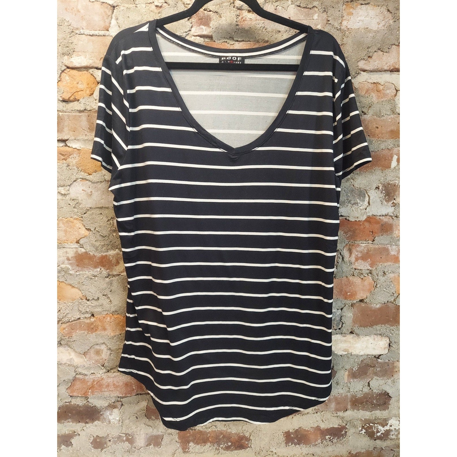 POOF NEW YORK Womens T Shirt 2X Black White Striped V Neck Short Sleeve