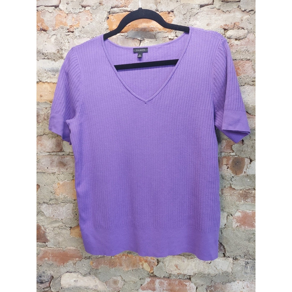 Talbots Womens Short Sleeve V Neck Ribbed Knit Pullover Sweater M Purple
