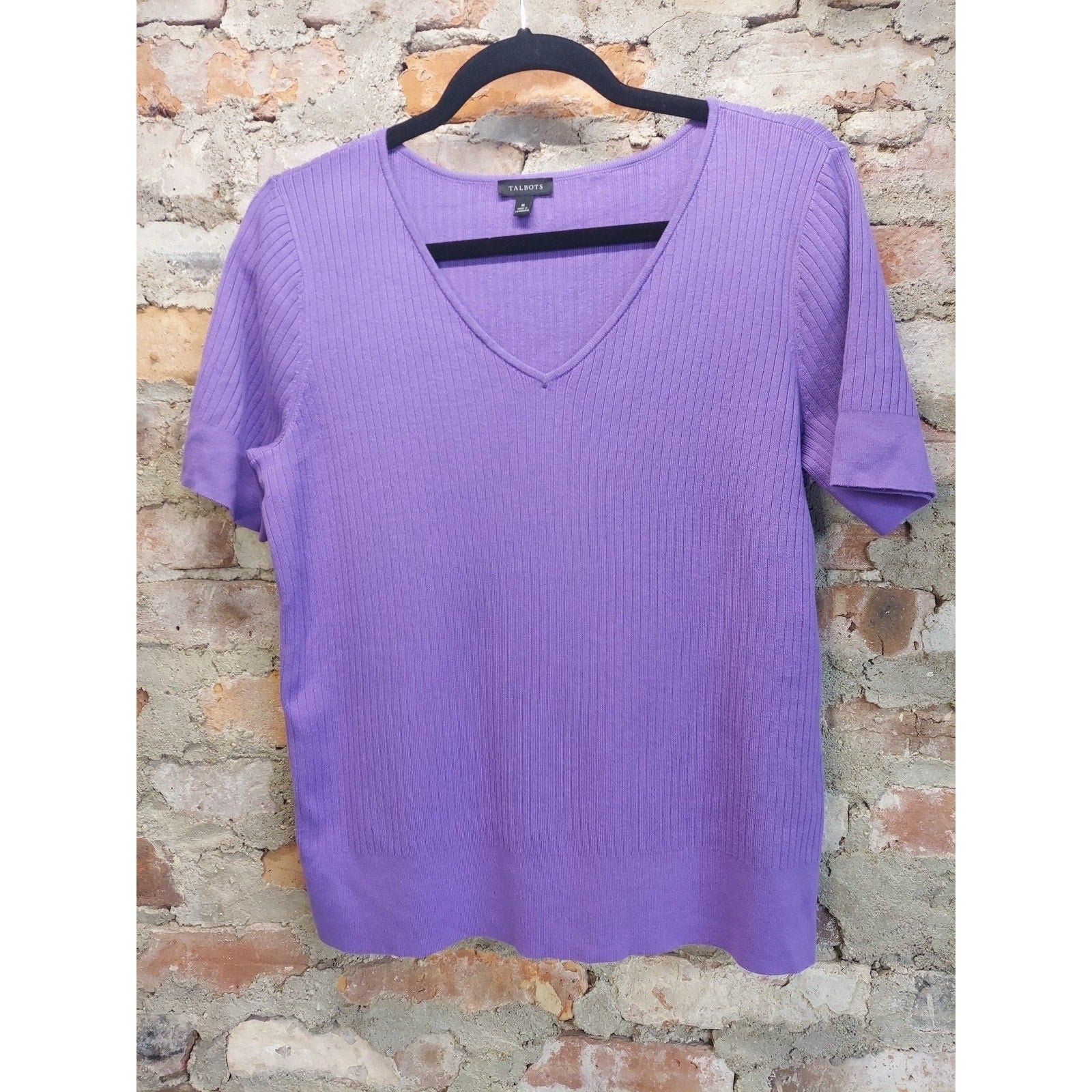 Talbots Womens Short Sleeve V Neck Ribbed Knit Pullover Sweater M Purple