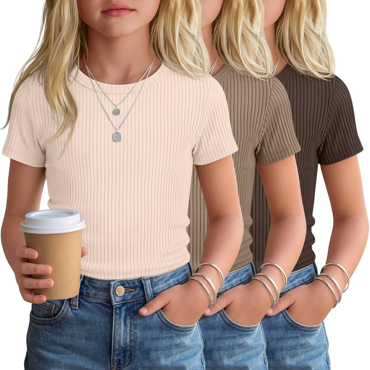 Girls Sz L Ribbed Short Sleeve Tops T Shirts Crew Neck Set Of 3 New Multicolor