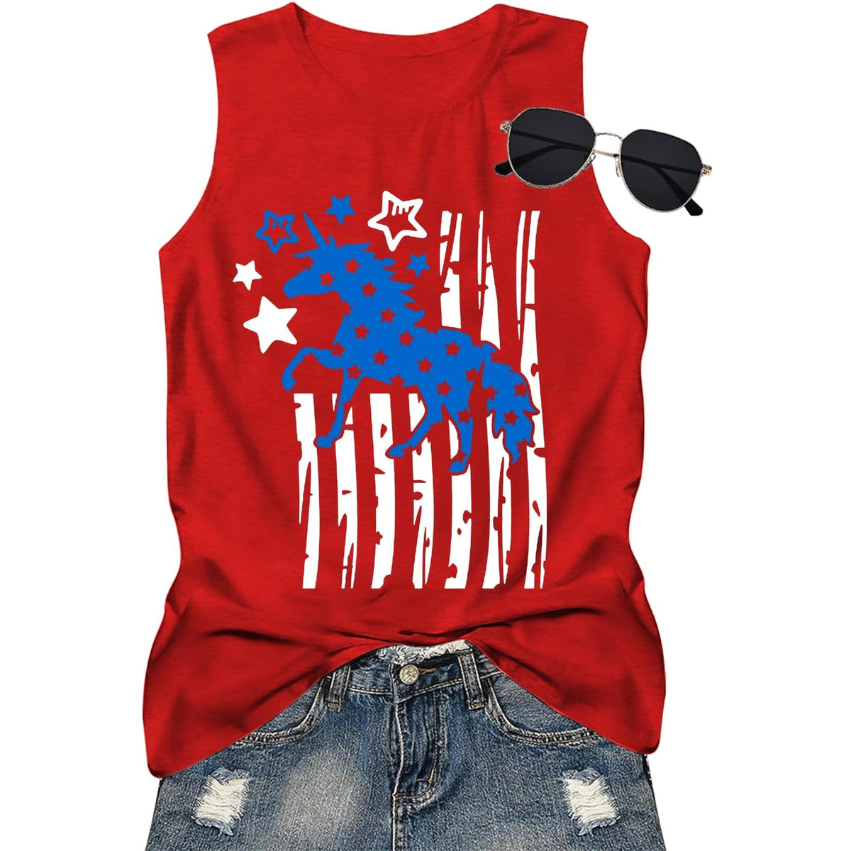 Womens Top XL Red White Blue American Flag Unicorn Patriotic 4th of July New